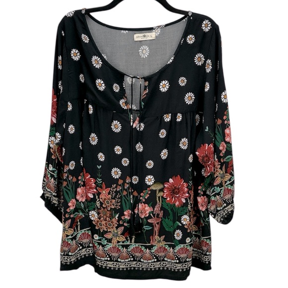 Natural Life Maribel Mushroom Floral Print Top L Tassel Tie Neck 3/4 Sleeve Boho - Picture 1 of 16